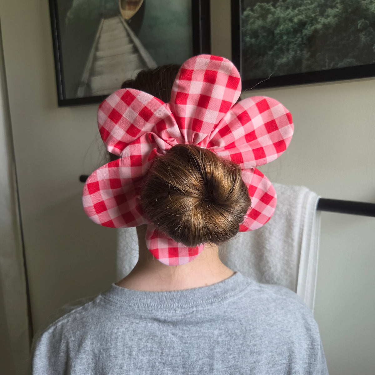 Pink Gingham Flower Scrunchie